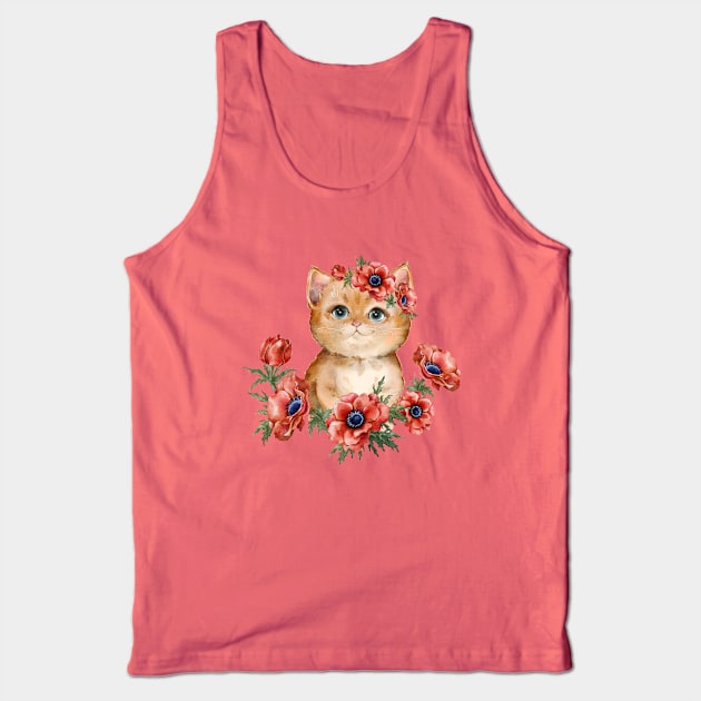 Ginger kitten with anemone wreath Tank Top by Artishilik